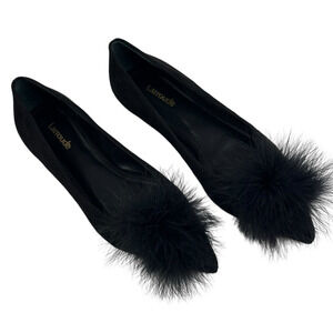 Larroude Lee Pom-Pom Black Suede Flats Womens Size 7.5 Pointed Toe New $295